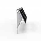 Adjustable solar panel mounting bracket installed on vertical pole with tilted black photovoltaic panel and white aluminum fr