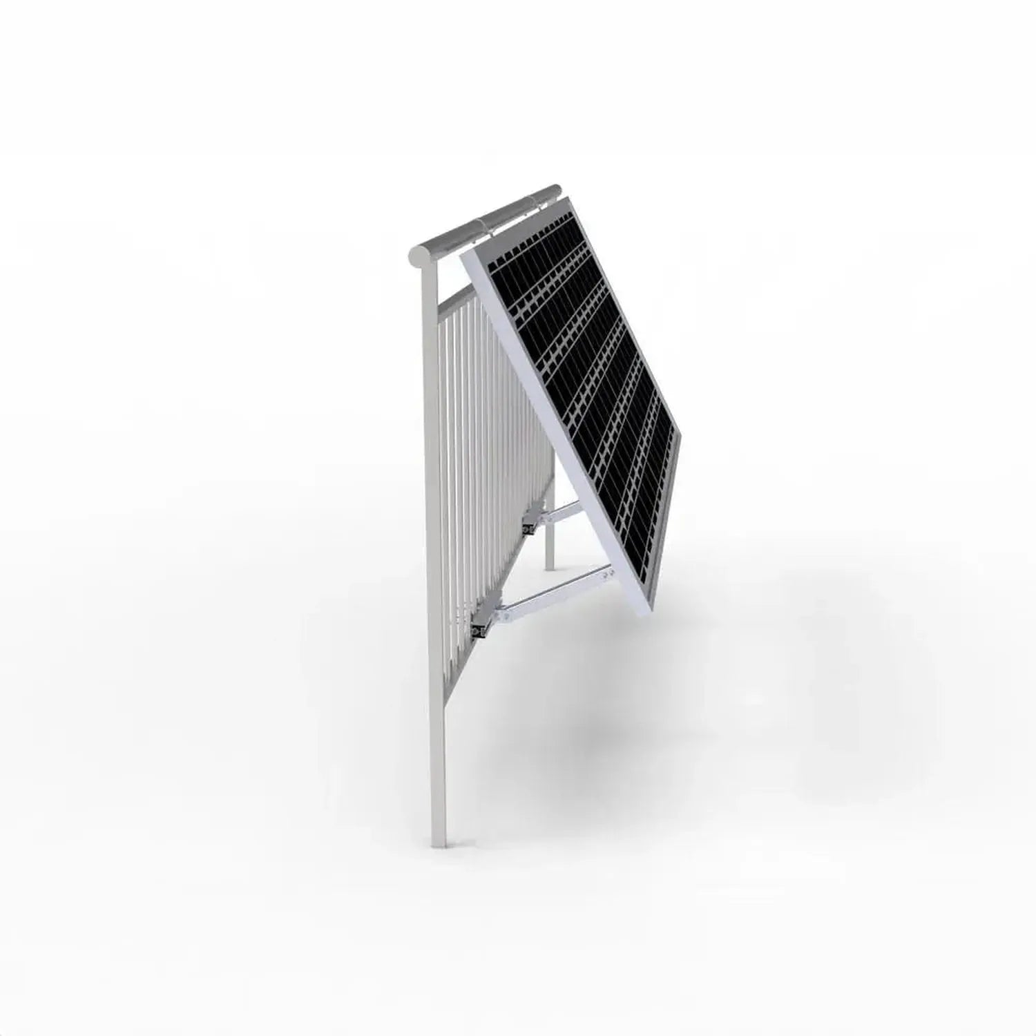 Adjustable solar panel mounting bracket installed on vertical pole with tilted black photovoltaic panel and white aluminum fr