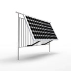 Adjustable solar panel mounting bracket with gray aluminum frame and tilt legs installed on railing, product shot.
