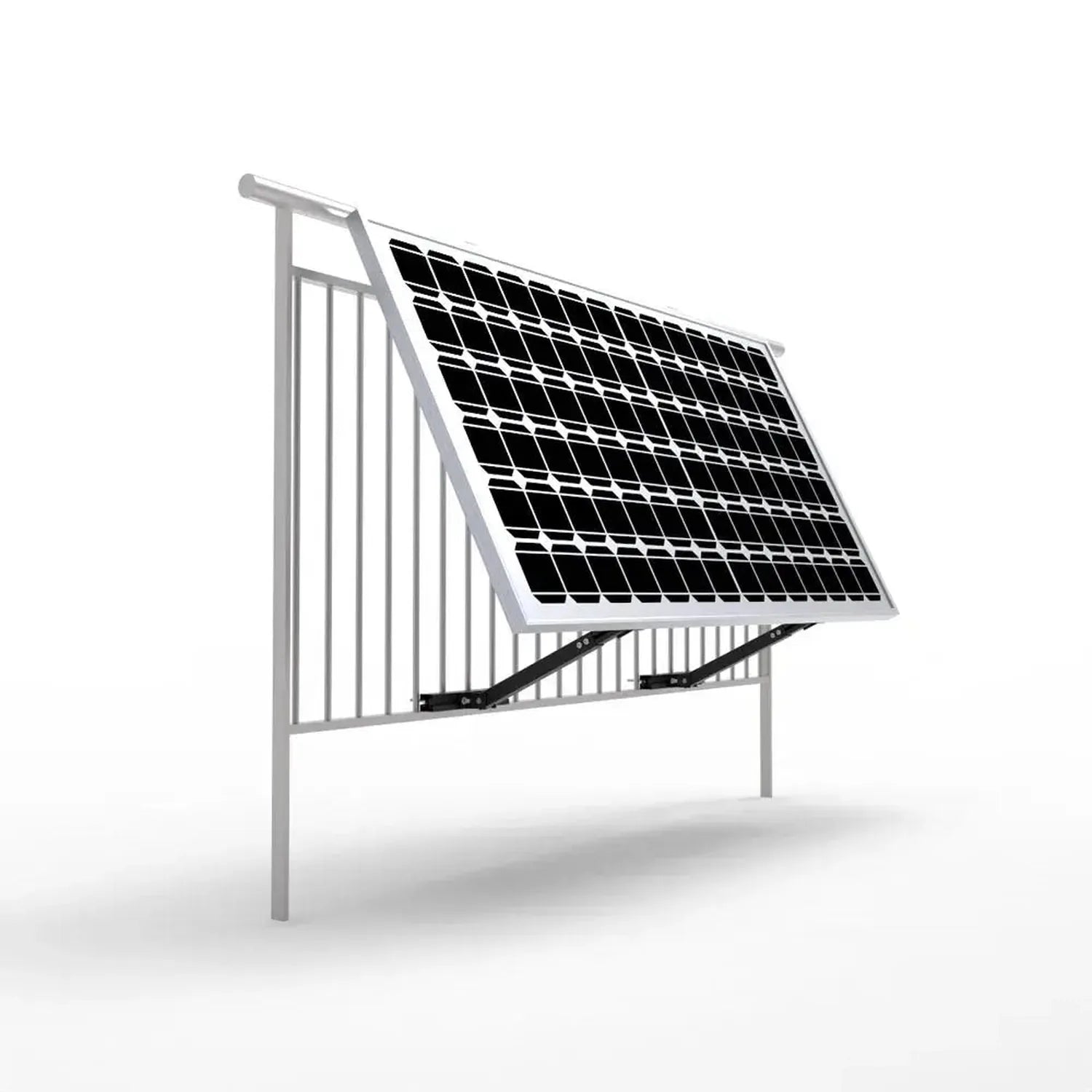 Adjustable solar panel mounting bracket with gray aluminum frame and tilt legs installed on railing, product shot.