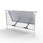Adjustable tilt mounting bracket installed on metal railing, showing gray fabric shade panel and black support arms at angled