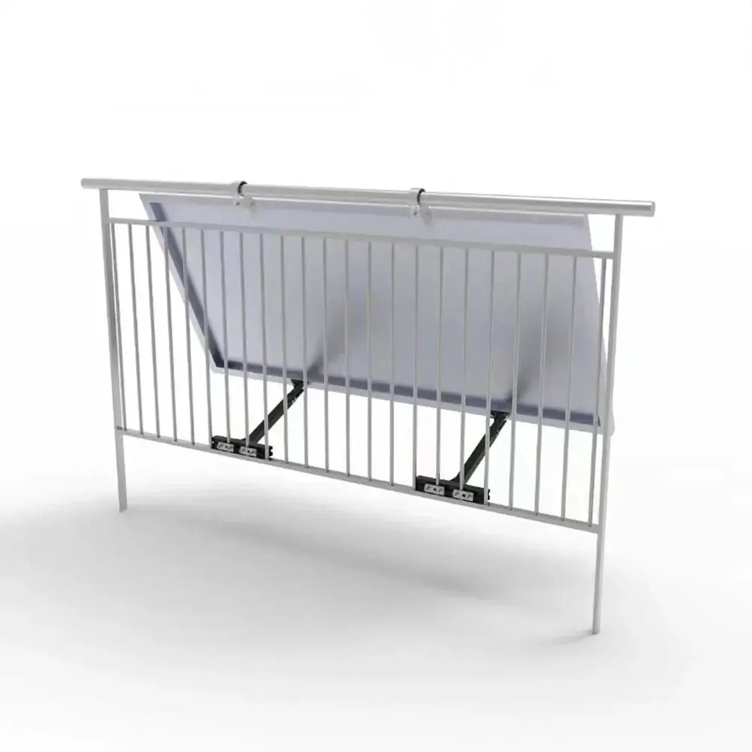 Adjustable tilt mounting bracket installed on metal railing, showing gray fabric shade panel and black support arms at angled