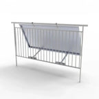 Gray metal solar panel mounting bracket with adjustable tilt mechanism installed on white railing, shown in 3D product visual