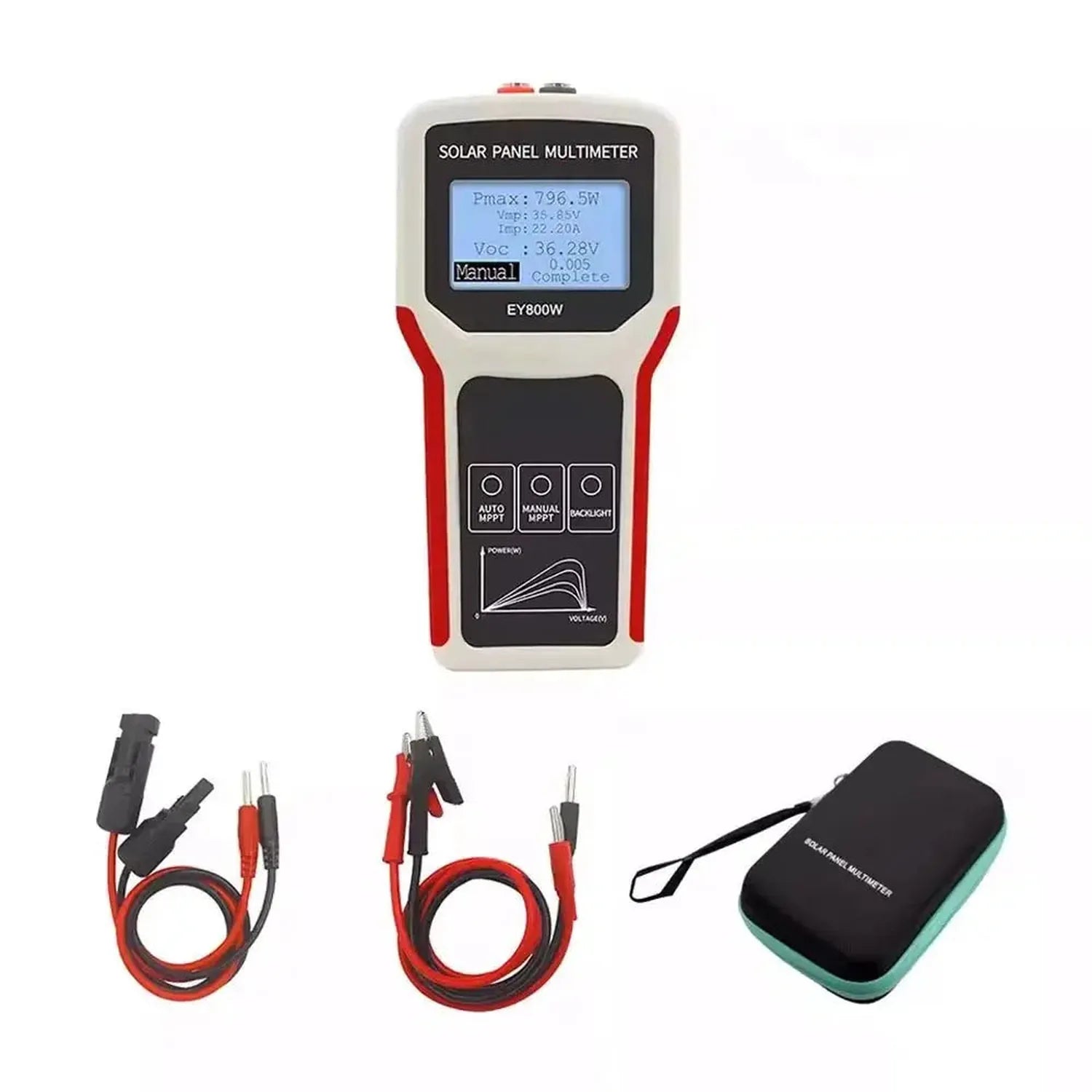EY800W solar panel multimeter with test cables and carrying case, displayed on white background.