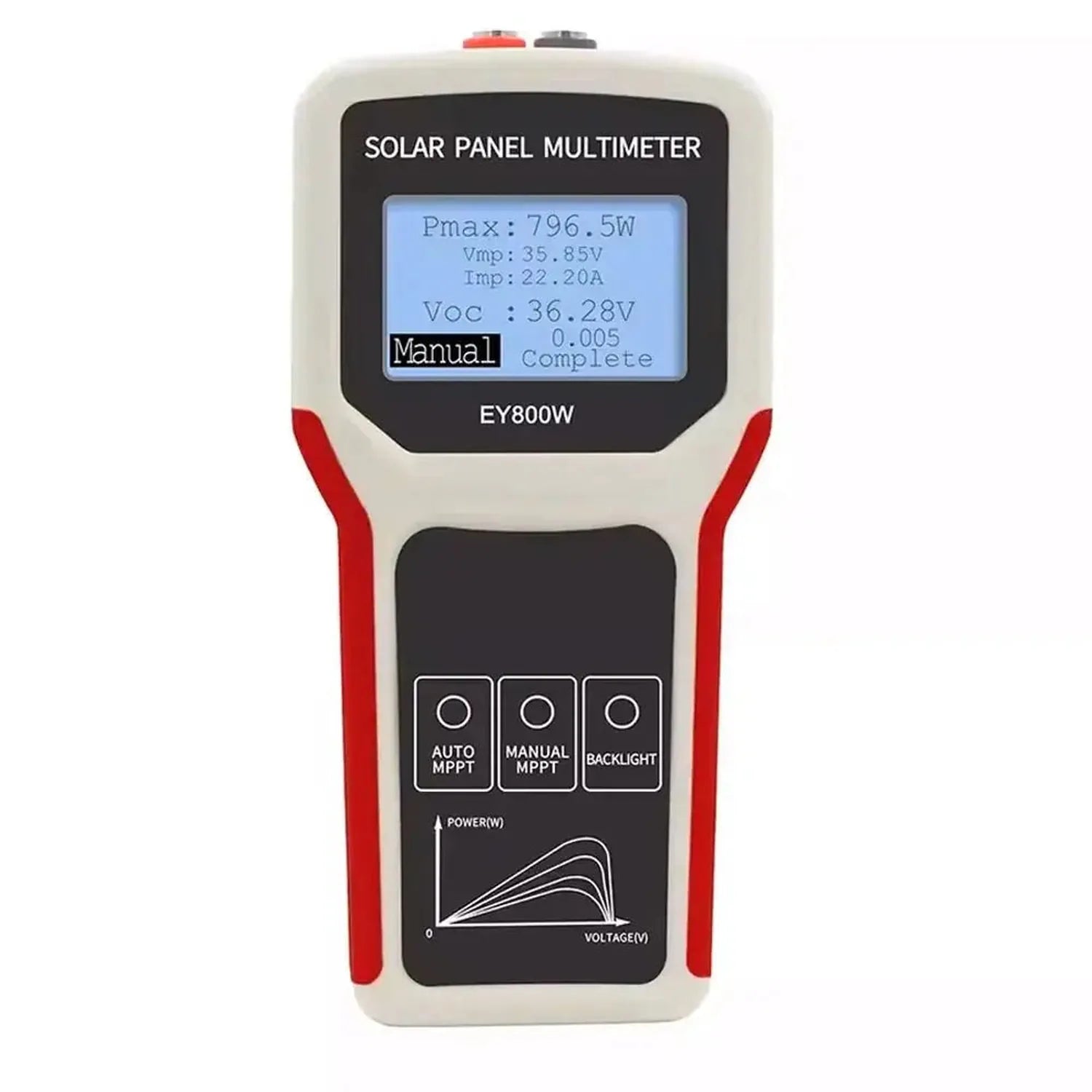 EY800W solar panel multimeter displaying maximum power output of 796.5W, voltage, current, and open circuit voltage measureme