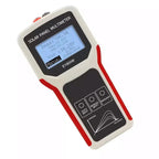 Solar panel multimeter tester with LCD display showing voltage and current readings, manual controls, and red probe cables.