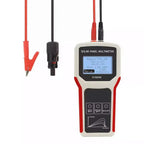 Solar Panel Multimeter EY800W with attached red and black test probe leads displaying voltage and power measurements on LCD s