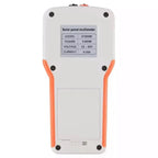 White and orange handheld solar panel multimeter EY800W displaying specifications for power, voltage, and current measurement