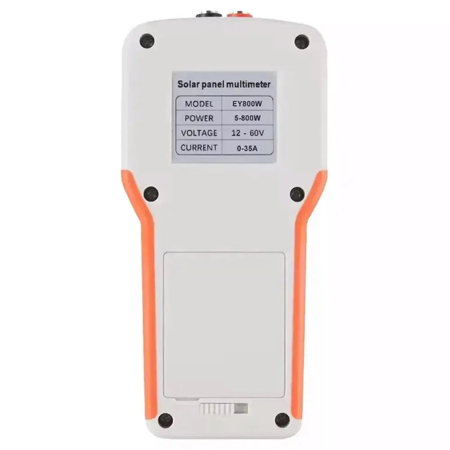 White and orange handheld solar panel multimeter EY800W displaying specifications for power, voltage, and current measurement