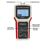EY800W solar panel multimeter displaying power output of 796.5W, voltage 36.28V, and current 22.20A with labeled probe termin