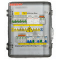 BENY PV Combiner Box interior view showing circuit breakers, contactors, and safety switches mounted on DIN rail within IP65 