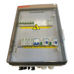PV Combiner Box with multiple circuit breakers and safety switches mounted on yellow DIN rails inside gray IP65 enclosure.
