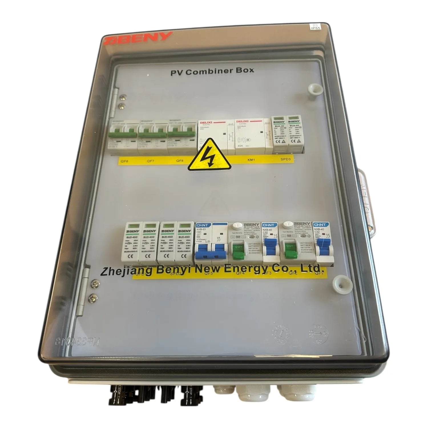 PV Combiner Box with multiple circuit breakers and safety switches mounted on yellow DIN rails inside gray IP65 enclosure.