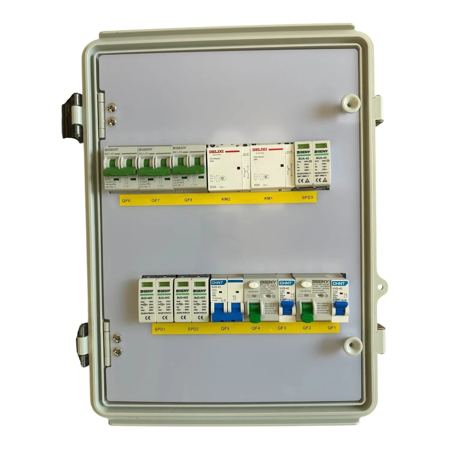 Open electrical enclosure showing circuit breakers, surge protectors, and terminal blocks mounted on DIN rail inside beige we