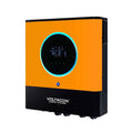 Voltagon Energy Systems orange and black hybrid inverter with cyan circular display screen and control buttons, mounted unit 