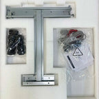 Unboxed inverter components showing metal mounting frame, black plastic connectors, and wired electrical assembly labeled PE-