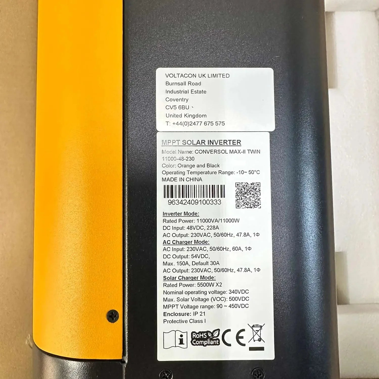 Back panel of Conversol Max-II 11kW solar inverter showing manufacturer label with specifications, barcode, and certification