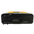 Rear view of black and yellow Conversol Max-II inverter showing network ports, power connectors, four control knobs, and cabl