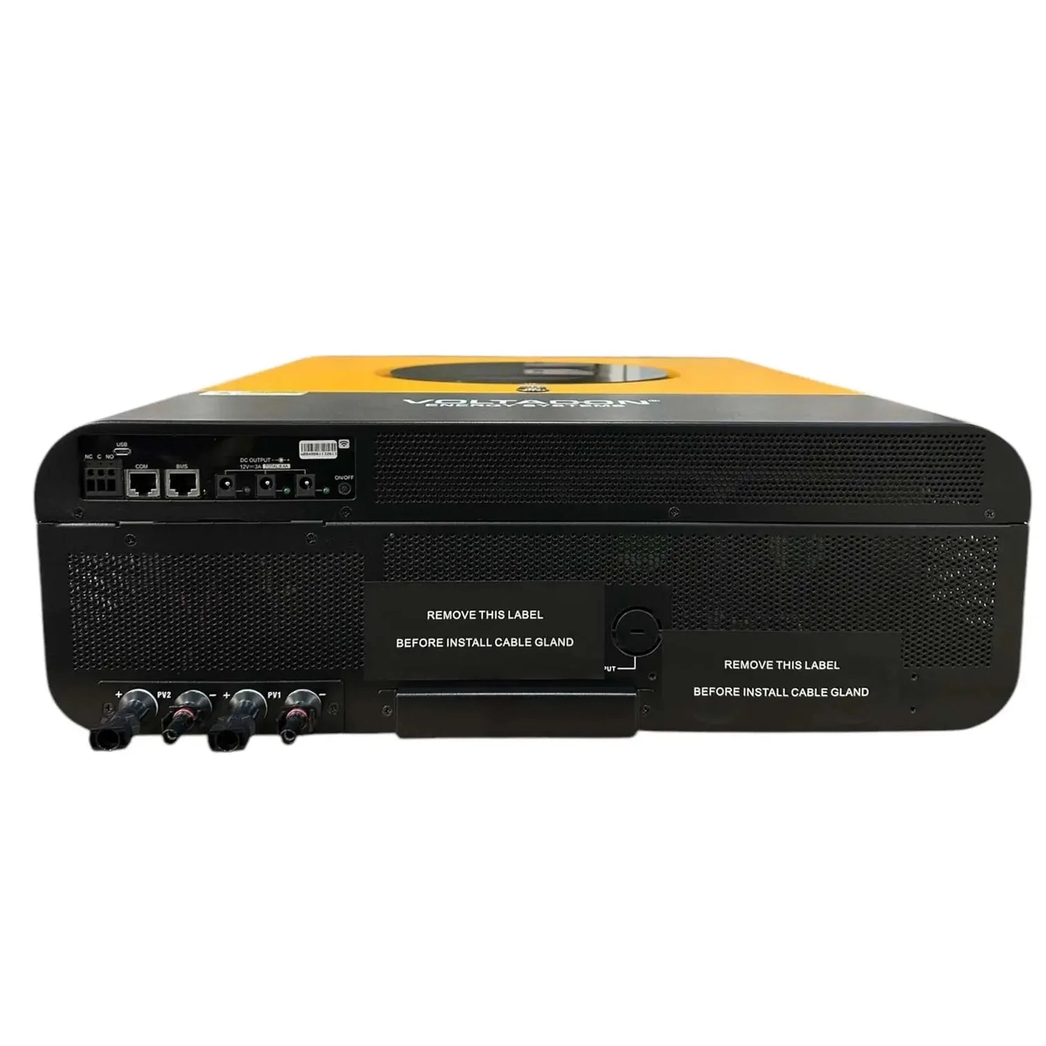 Rear view of black and yellow Conversol Max-II inverter showing network ports, power connectors, four control knobs, and cabl