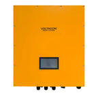 Voltacon 15kW hybrid solar inverter, orange metal front panel with digital display and mounting feet, product photograph.
