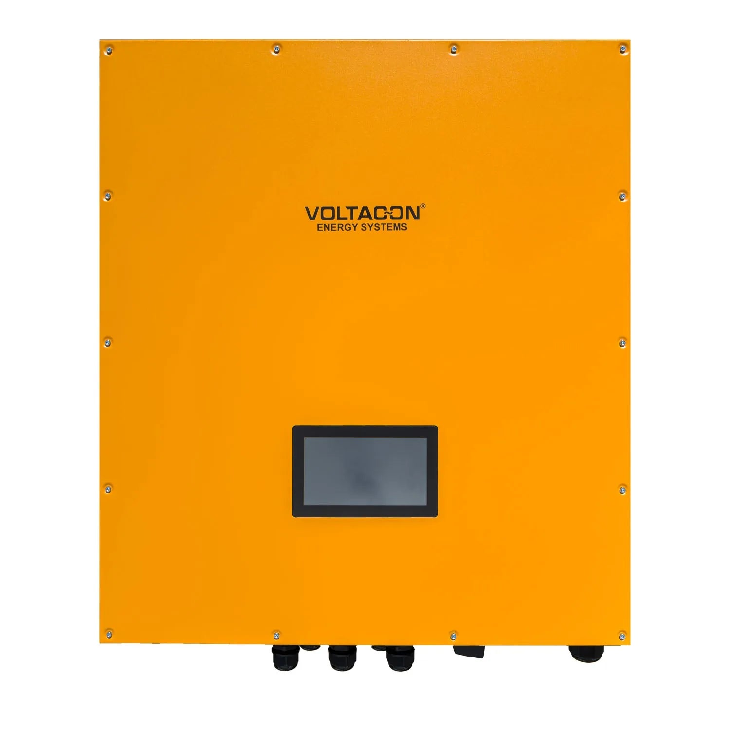 Voltacon 15kW hybrid solar inverter, orange metal front panel with digital display and mounting feet, product photograph.