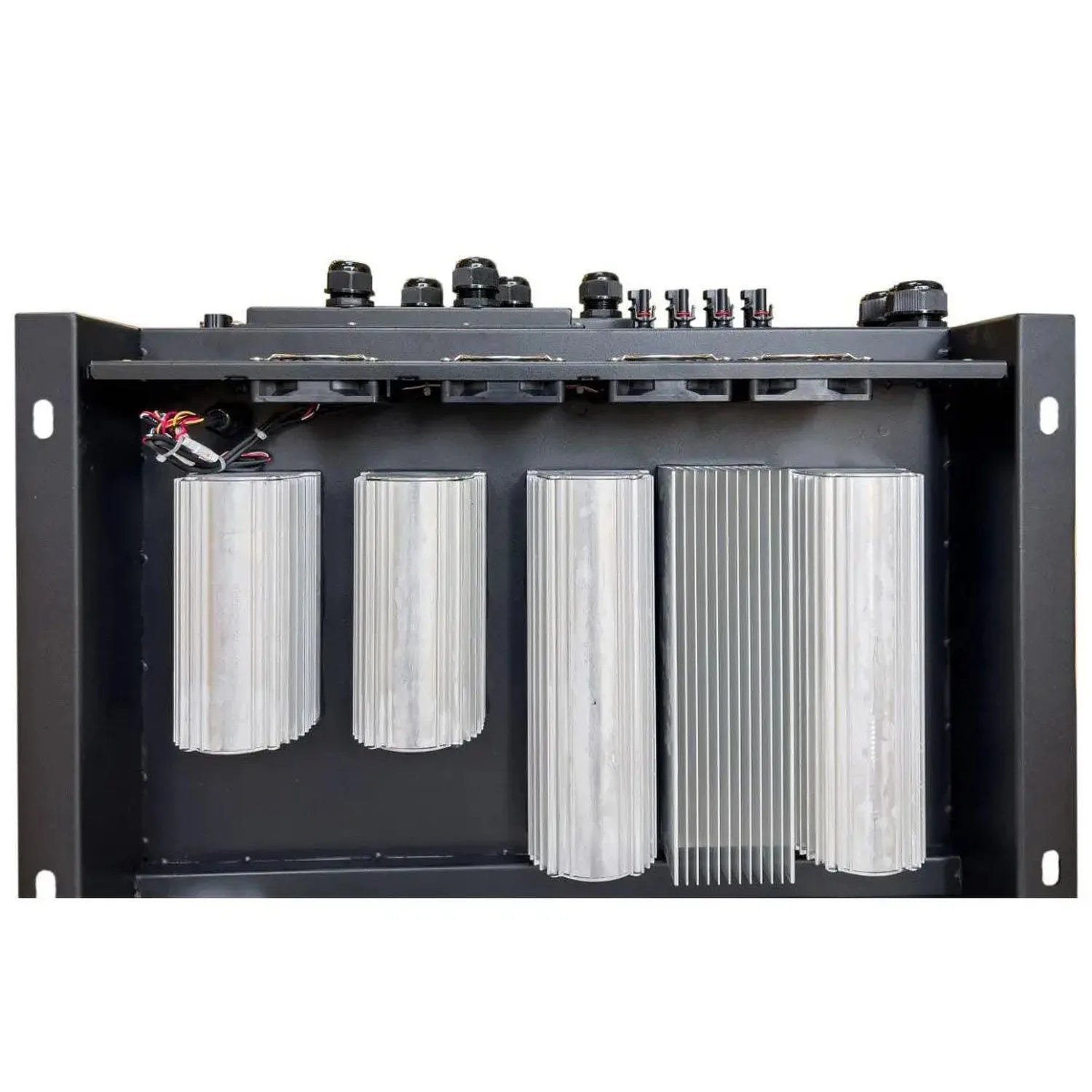 Front view of 15kW 3-phase hybrid solar inverter showing internal aluminum heat sink fins and top-mounted control components 