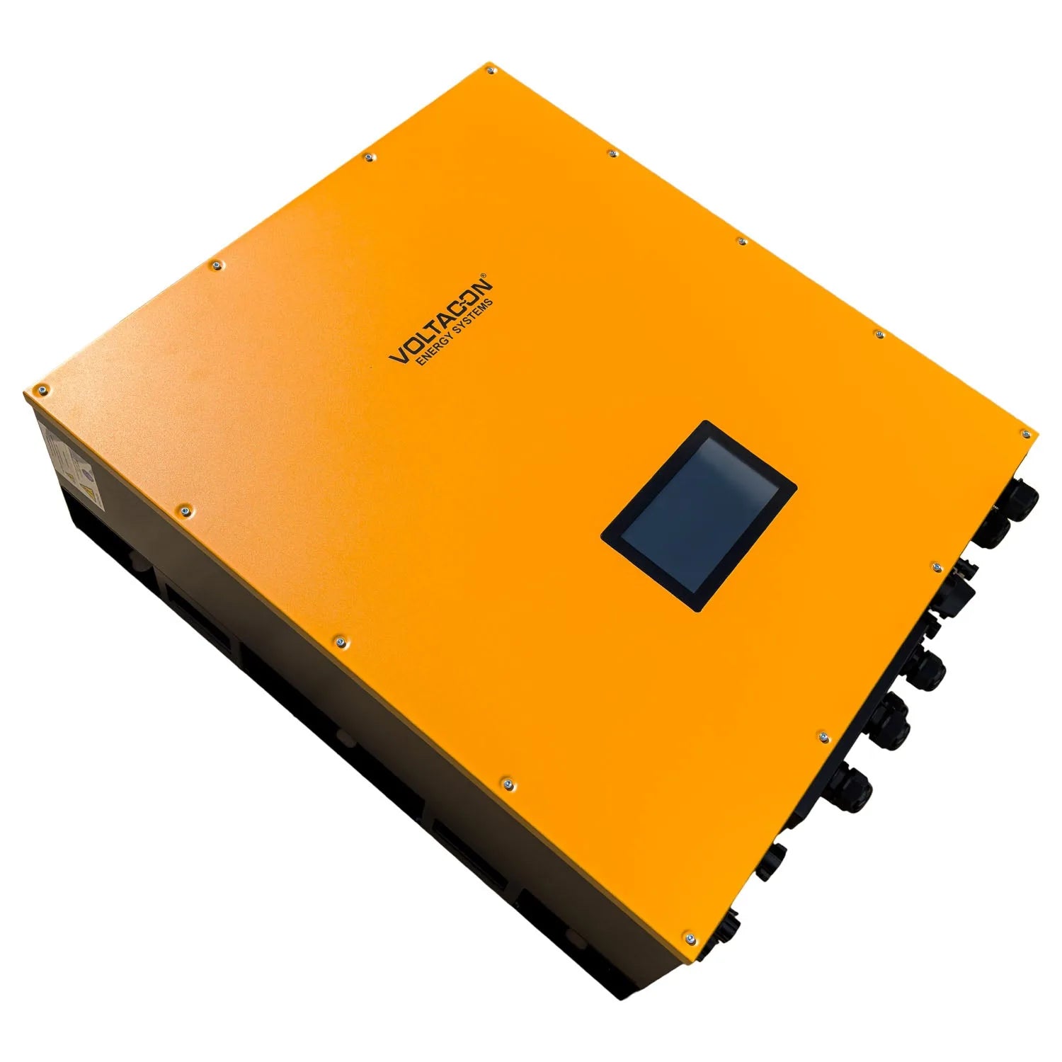 Voltacon InfiniSolar 15kW hybrid solar inverter, bright yellow enclosure with small display screen and black cable connectors