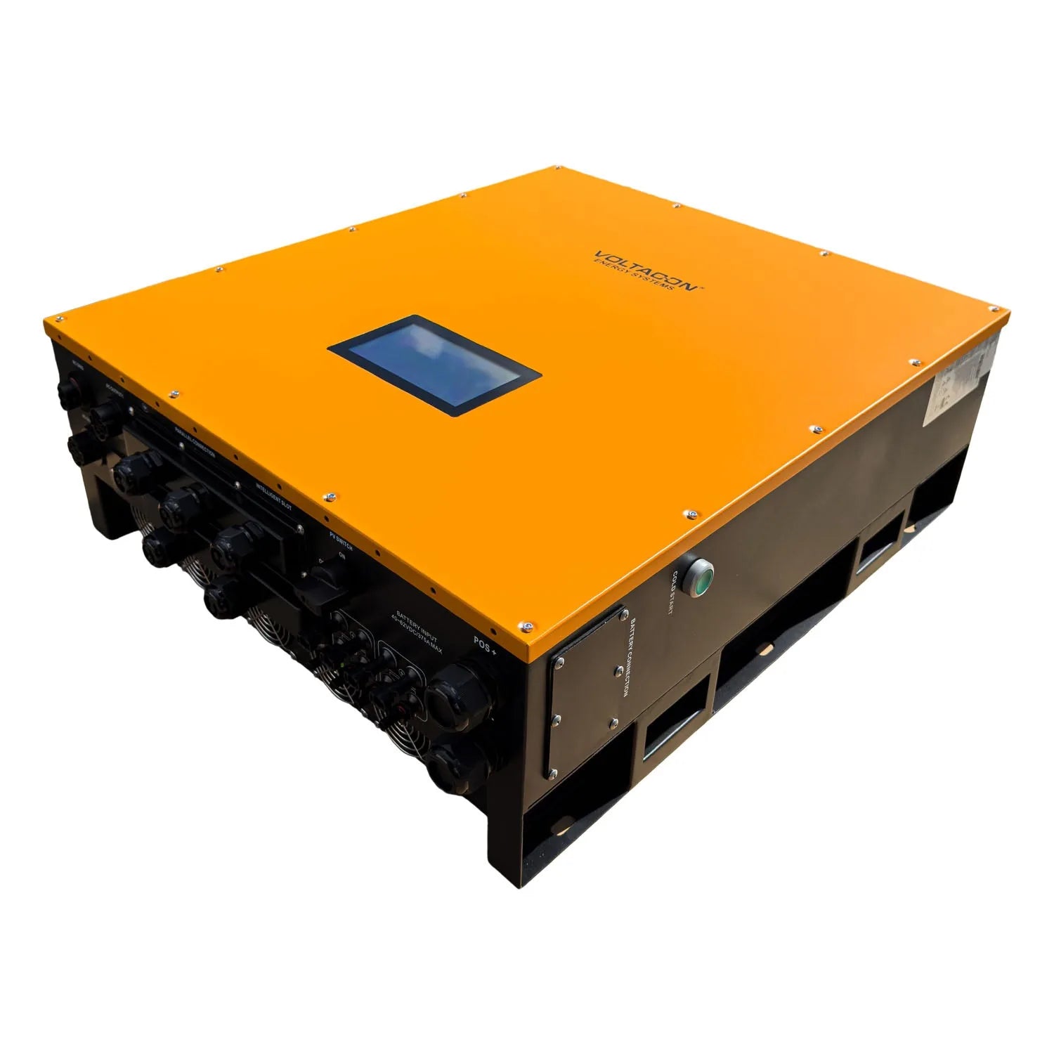 Voltacon InfiniSolar 15kW hybrid solar inverter with bright orange top panel, small blue display screen, and black industrial