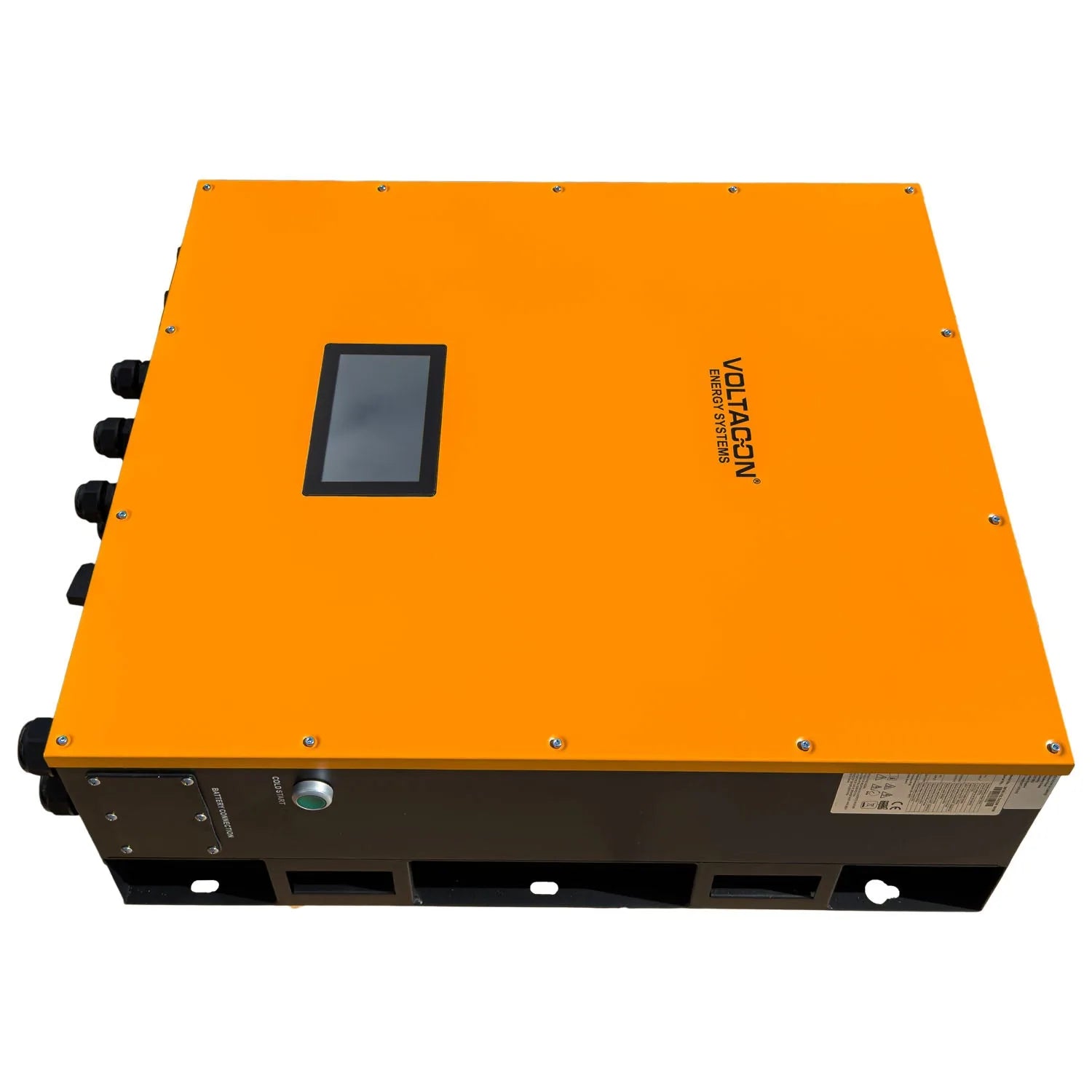 Voltacon InfiniSolar 15kW hybrid solar inverter with orange top panel, small display screen, and black side connectors.