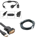 Collection of black network and communication cables including Ethernet splitter, RJ45 connectors, USB to serial adapter, and