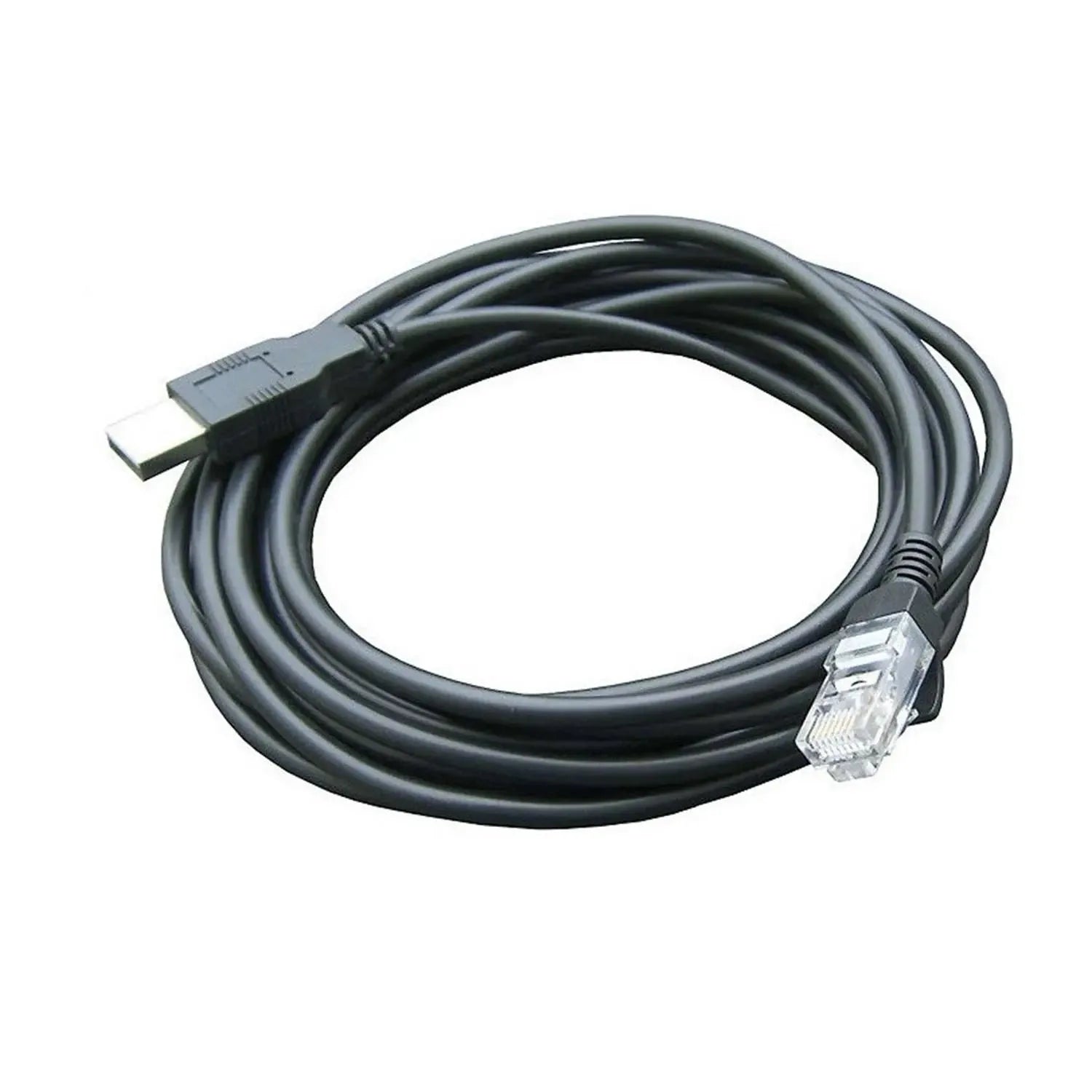 Black communications cable with HDMI connector on one end and RJ45 ethernet connector on the other, coiled against white back