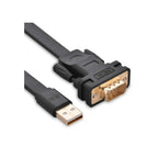 USB to DB9 serial converter cable with gold-plated connectors on black cord, product shot isolated on white.