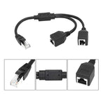 Black Ethernet splitter cable with RJ45 connectors and ferrite core, shown with three detail close-ups of connector ends.