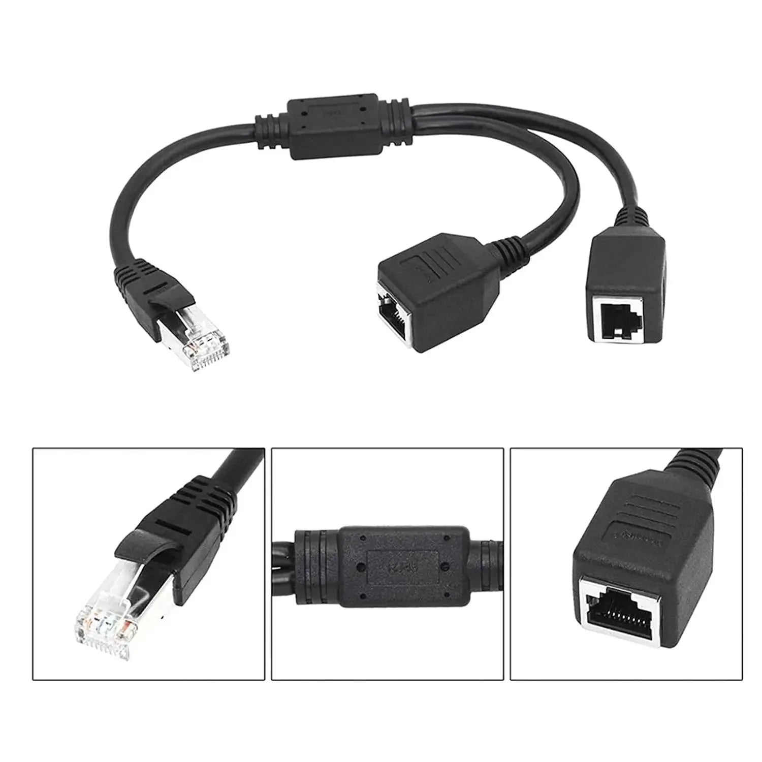 Black Ethernet splitter cable with RJ45 connectors and ferrite core, shown with three detail close-ups of connector ends.