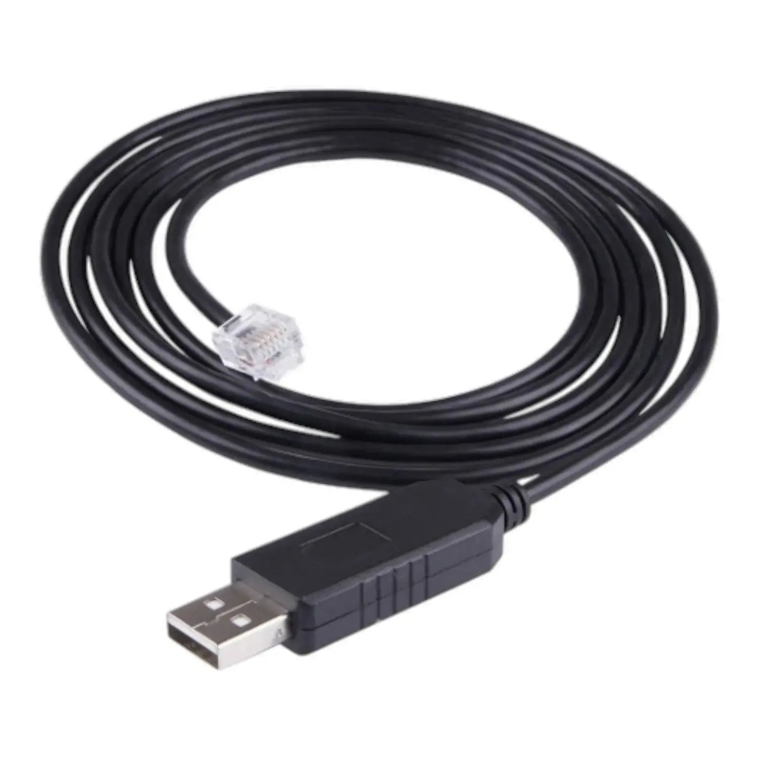 Black coiled communications cable with USB connector on one end and RJ45 connector on the other, displayed against white back