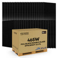 Pallet of 36 JA Solar 465W black solar panels with product box displayed in front showing specifications and branding.