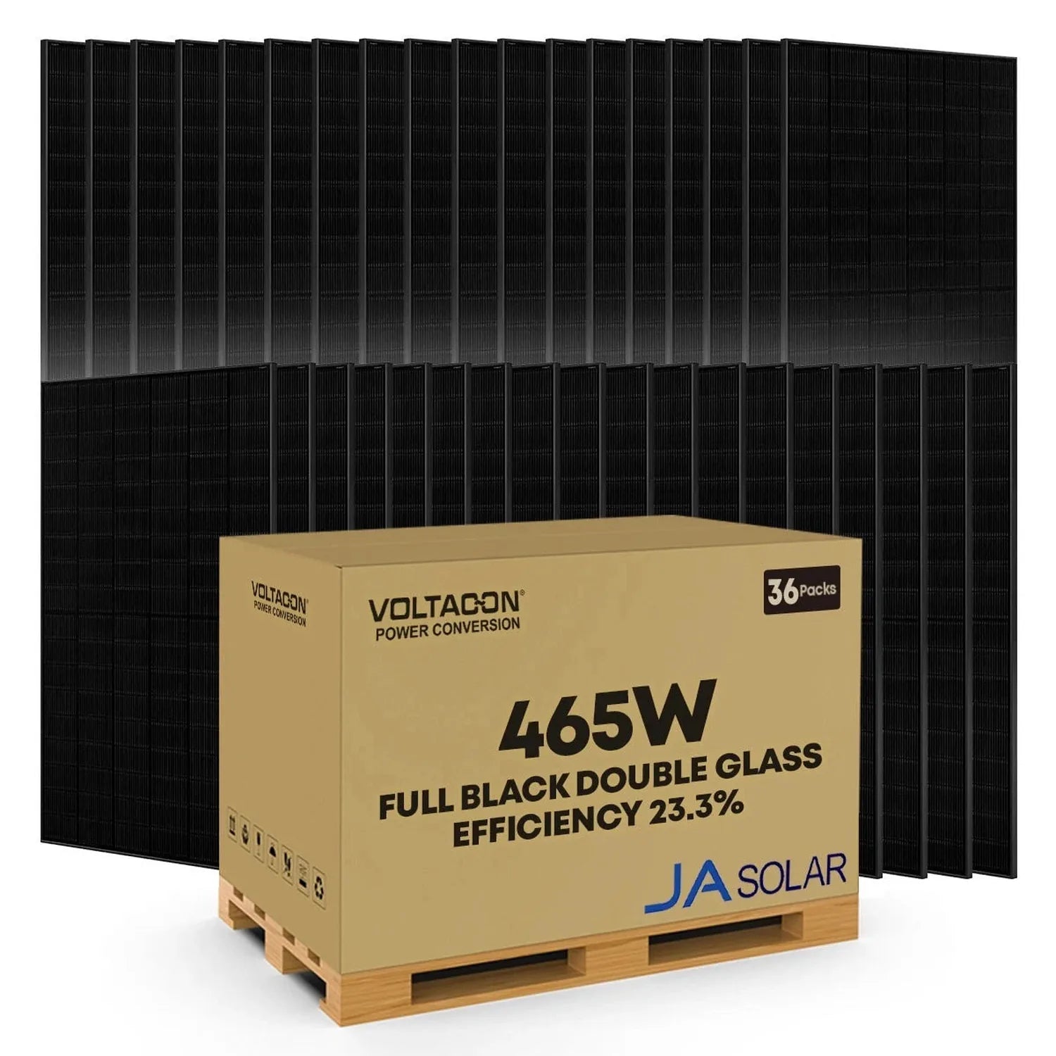 Pallet of 36 JA Solar 465W black solar panels with product box displayed in front showing specifications and branding.