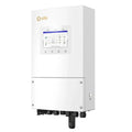 Solis hybrid solar inverter with white casing, display screen showing system diagram, and multiple connection ports at the ba