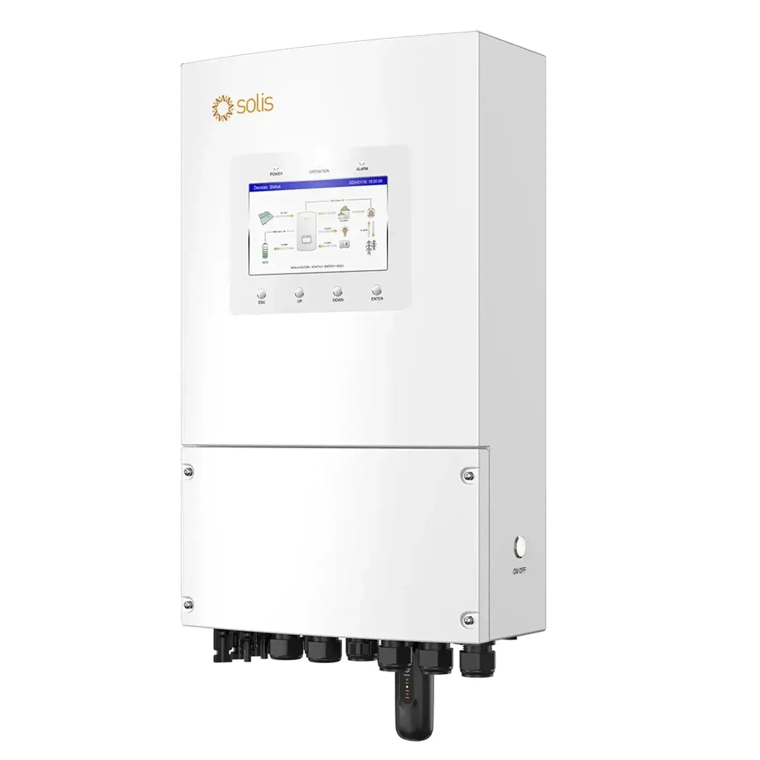 Solis hybrid solar inverter with white casing, display screen showing system diagram, and multiple connection ports at the ba