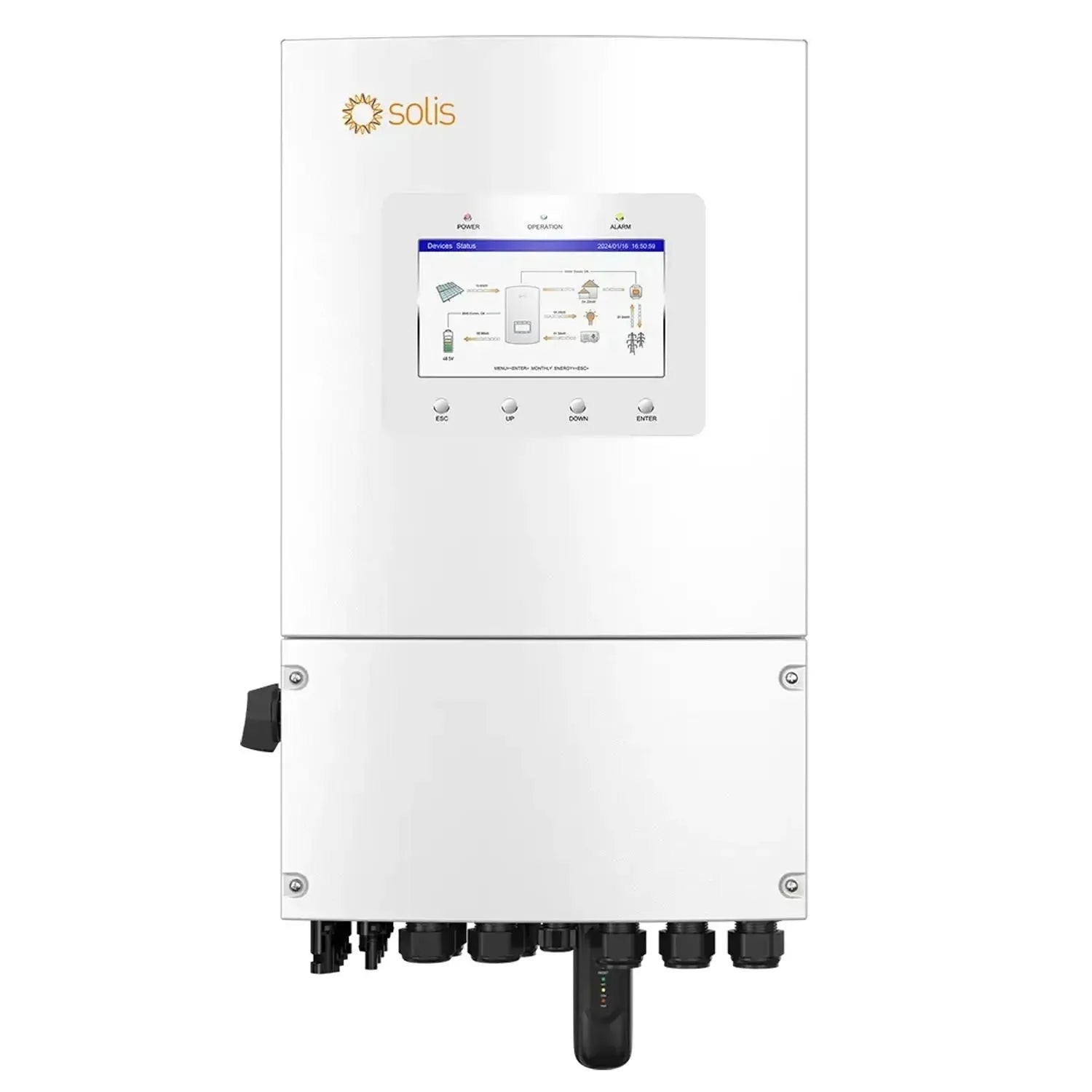Solis white hybrid solar inverter with touchscreen display showing system diagram, status indicators, and four control button