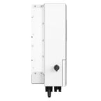 White rectangular hybrid solar inverter with control dial and mounting hardware, shown against white background.