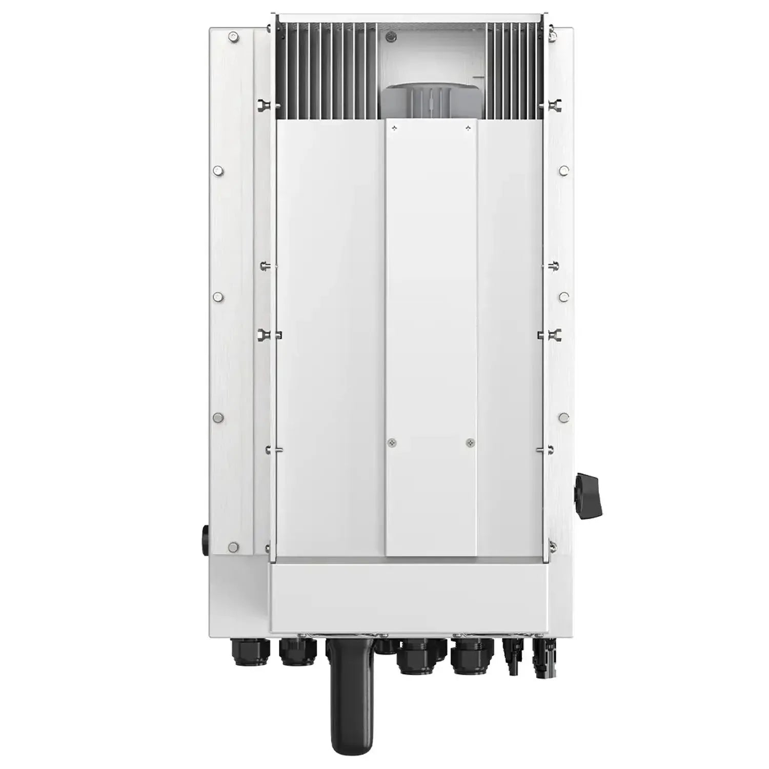 Front view technical diagram of white rectangular hybrid solar inverter with finned heat sink top, multiple terminal connecto
