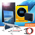 3.6 kW solar kit components displayed: solar panels, yellow Voltacon inverter with circular display, black battery unit, grou