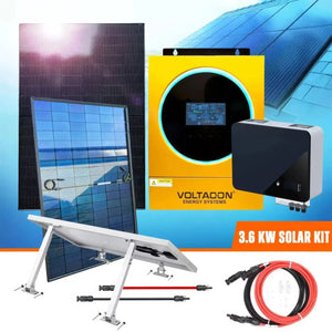 3.6 kW solar kit components displayed: solar panels, yellow Voltacon inverter with circular display, black battery unit, grou