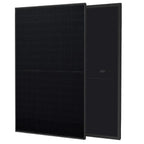 Two black solar panels displayed at an angle against a white background, showing the front textured surface and back panel of