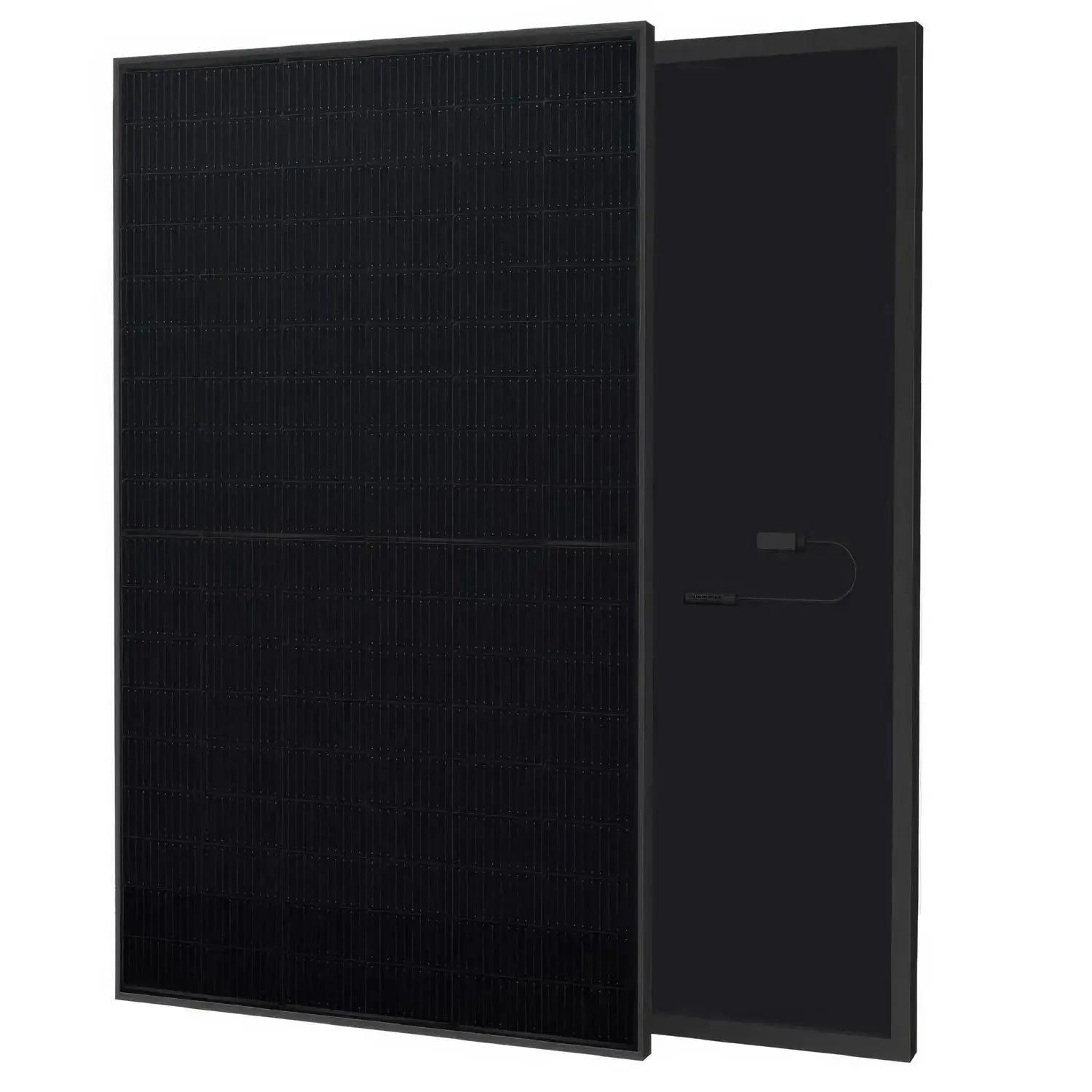 Two black solar panels displayed at an angle against a white background, showing the front textured surface and back panel of