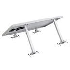 White aluminum solar panel mounting structure with adjustable legs and tilt mechanism, shown as an installation diagram again