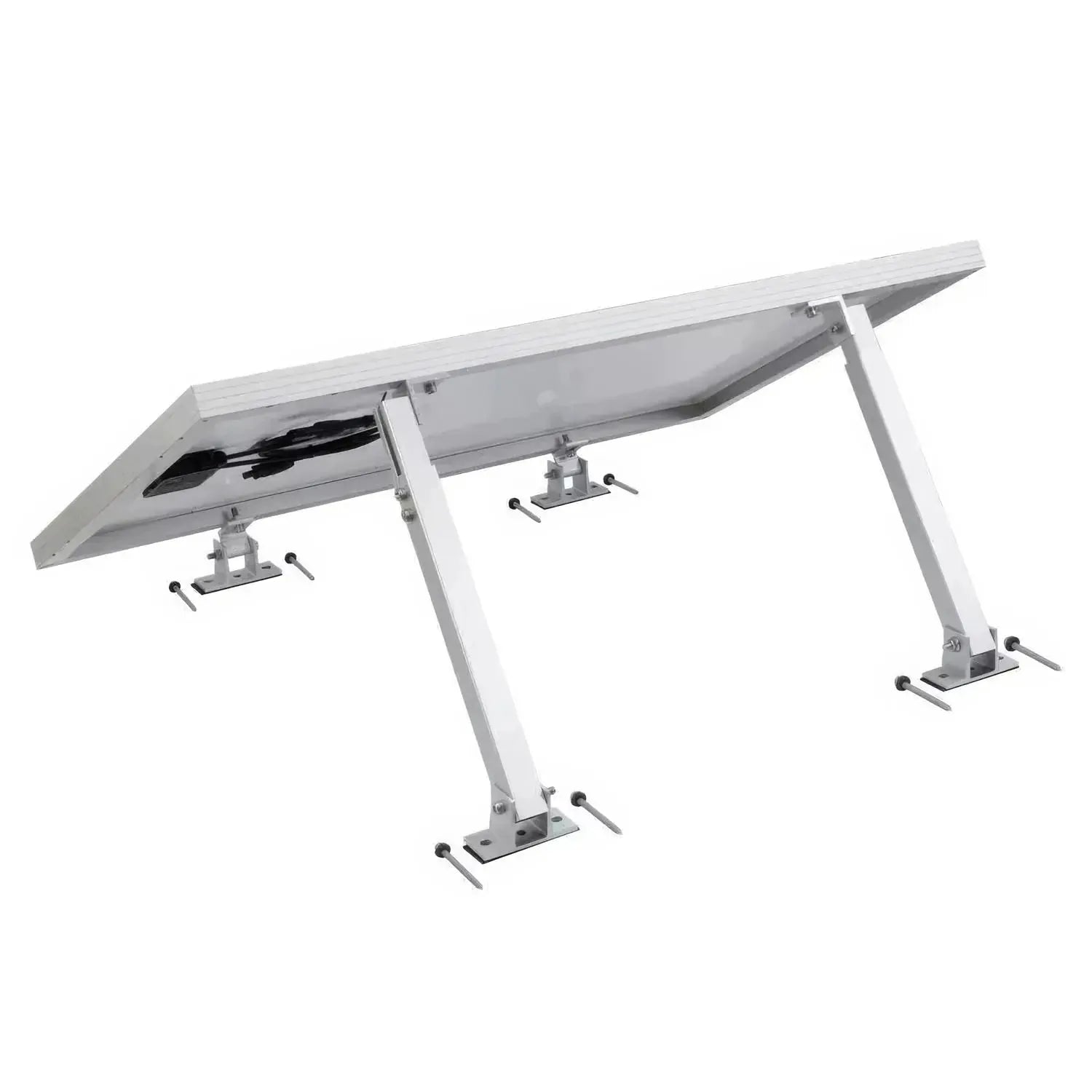 White aluminum solar panel mounting structure with adjustable legs and tilt mechanism, shown as an installation diagram again