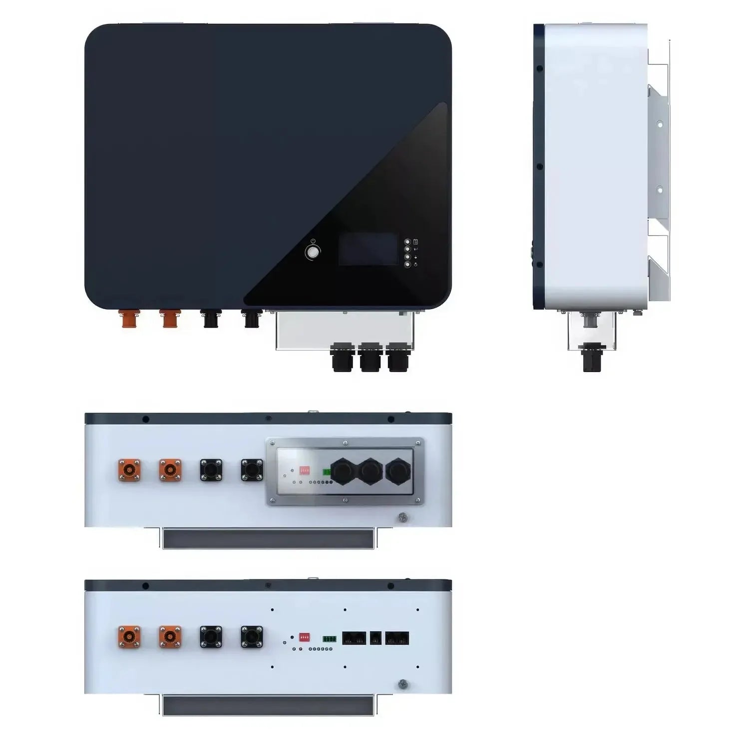 Multiple views of a 24V solar inverter system showing front panel with display and controls, side profile, and internal conne