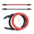 Solar panel cable assembly with red and black MC4 connector pairs, shown coiled and in straight configurations.